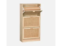 Mueble zapatero de 3 puertas con decoración de caña y madera natural