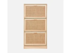 Mueble zapatero de 3 puertas con decoración de caña y madera natural