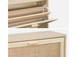 Mueble zapatero de 3 puertas con decoración de caña y madera natural