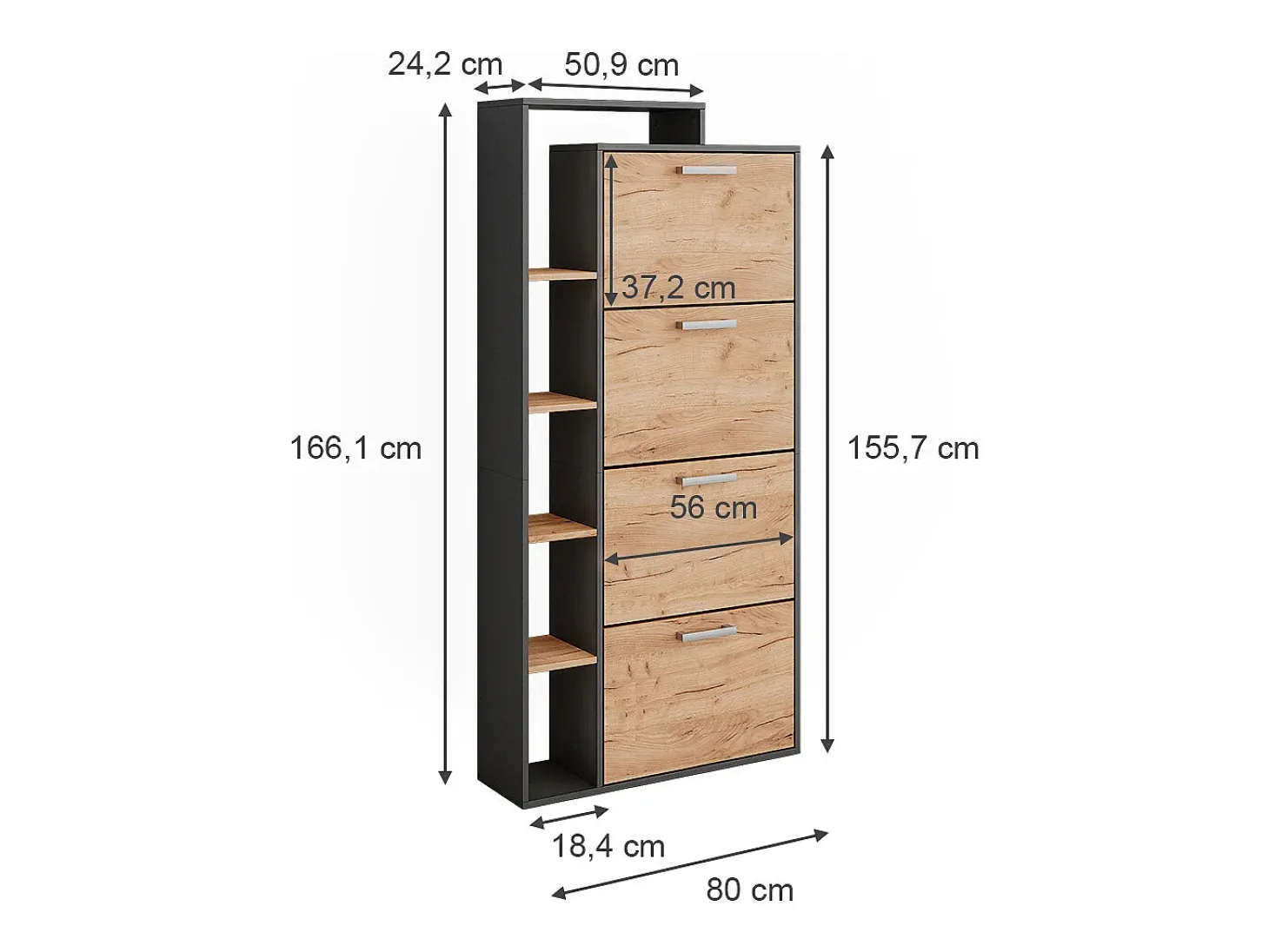 Mueble zapatero oro power roble/antracita 80x24.2x166.1 orlando
