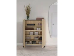 Mueble zapatero/armario - A109cm x L90cm x P27cm roble dorado puertas impresión vallado patas negro - Narvik
