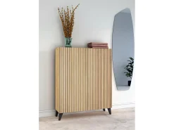 Mueble zapatero/armario - A109cm x L90cm x P27cm roble dorado puertas impresión vallado patas negro - Narvik