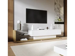 Muebles de TV con 2 cajones y estantes de vidrio - 170 x 36 x 38 cm - LED - Tablero de partículas - Blanco + natural