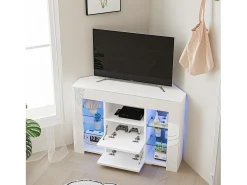 Muebles de TV de ángulo moderno con luz LED, banco moderno de TV blanco blanco, 9 compartimentos, muebles de sala de estar 100x40x68cm