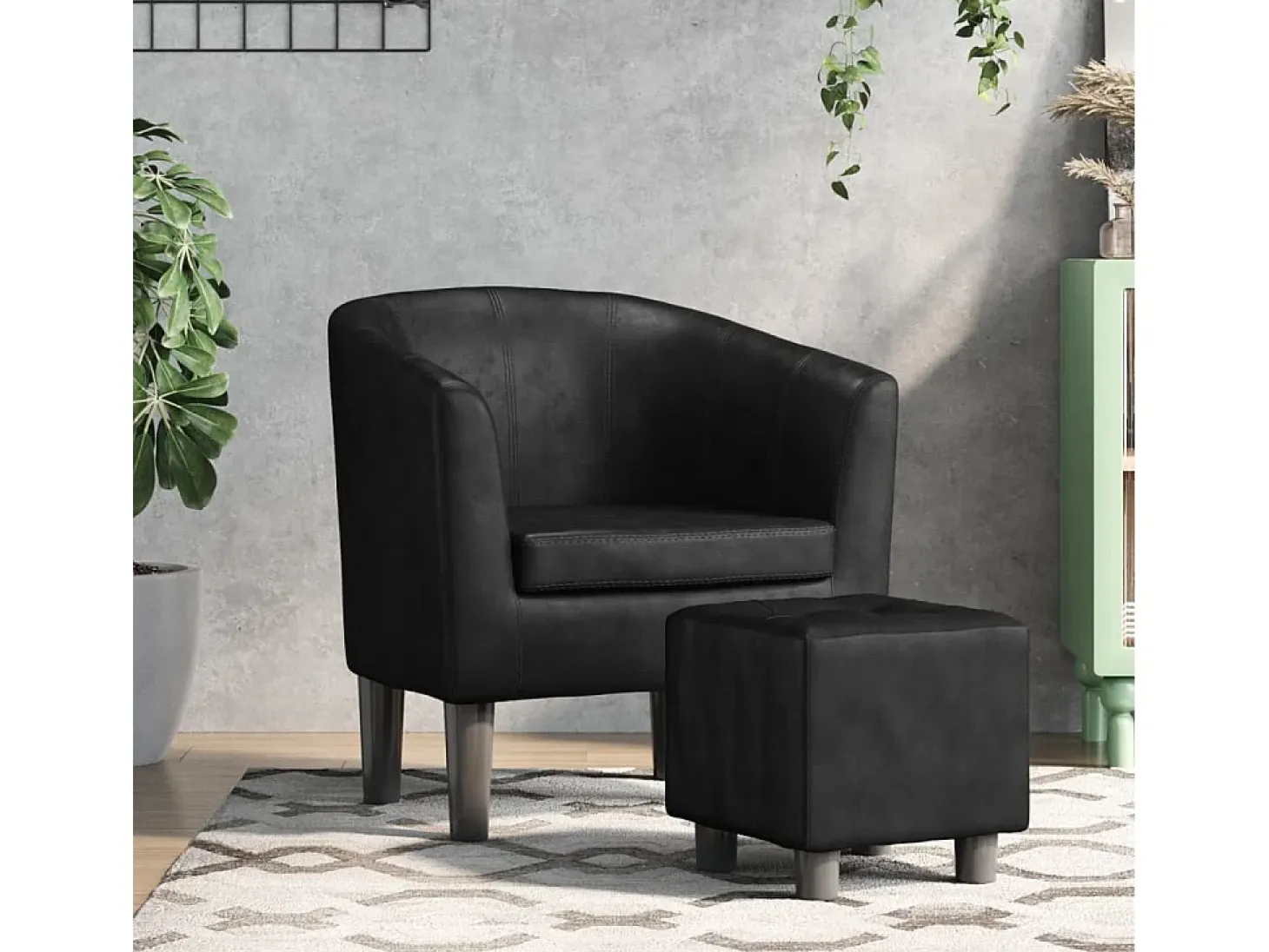 Nykøbing Mors Sillón con taburete cuero sintético negro