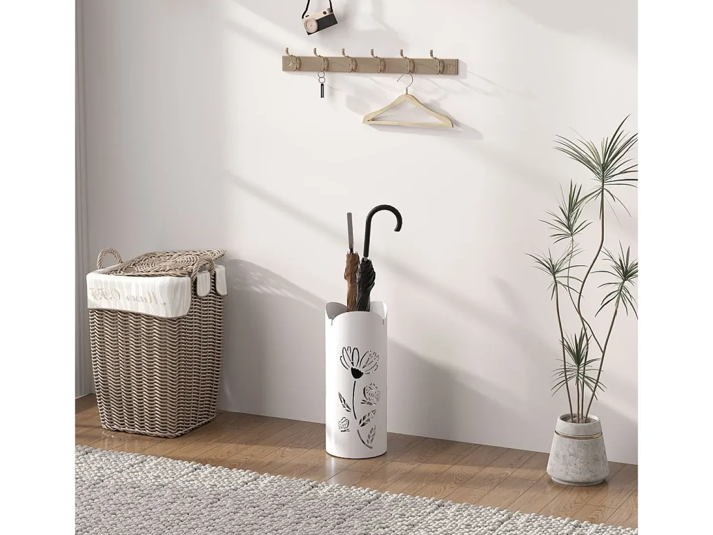 Paragüero Gisel Homcom 4 ganchos con bandeja de goteo blanco 41x17x17 cm