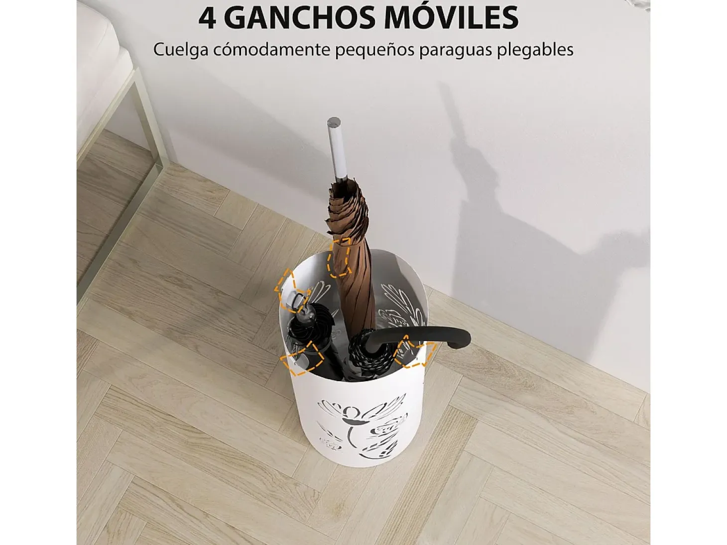 Paragüero Gisel Homcom 4 ganchos con bandeja de goteo blanco 41x17x17 cm