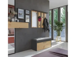 PARMI - Perchero de pared con espejo - Perchero de pared - 100x15x81,5 cm - 6 ganchos - Mueble de recibidor - Roble&Gris
