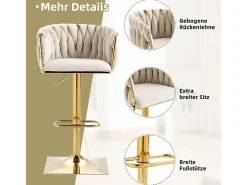 2Pcs Taburetes de bar en terciopelo - altura ajustable - giratorio 360° - con reposapiés - 53x51x87/105cm - Beige