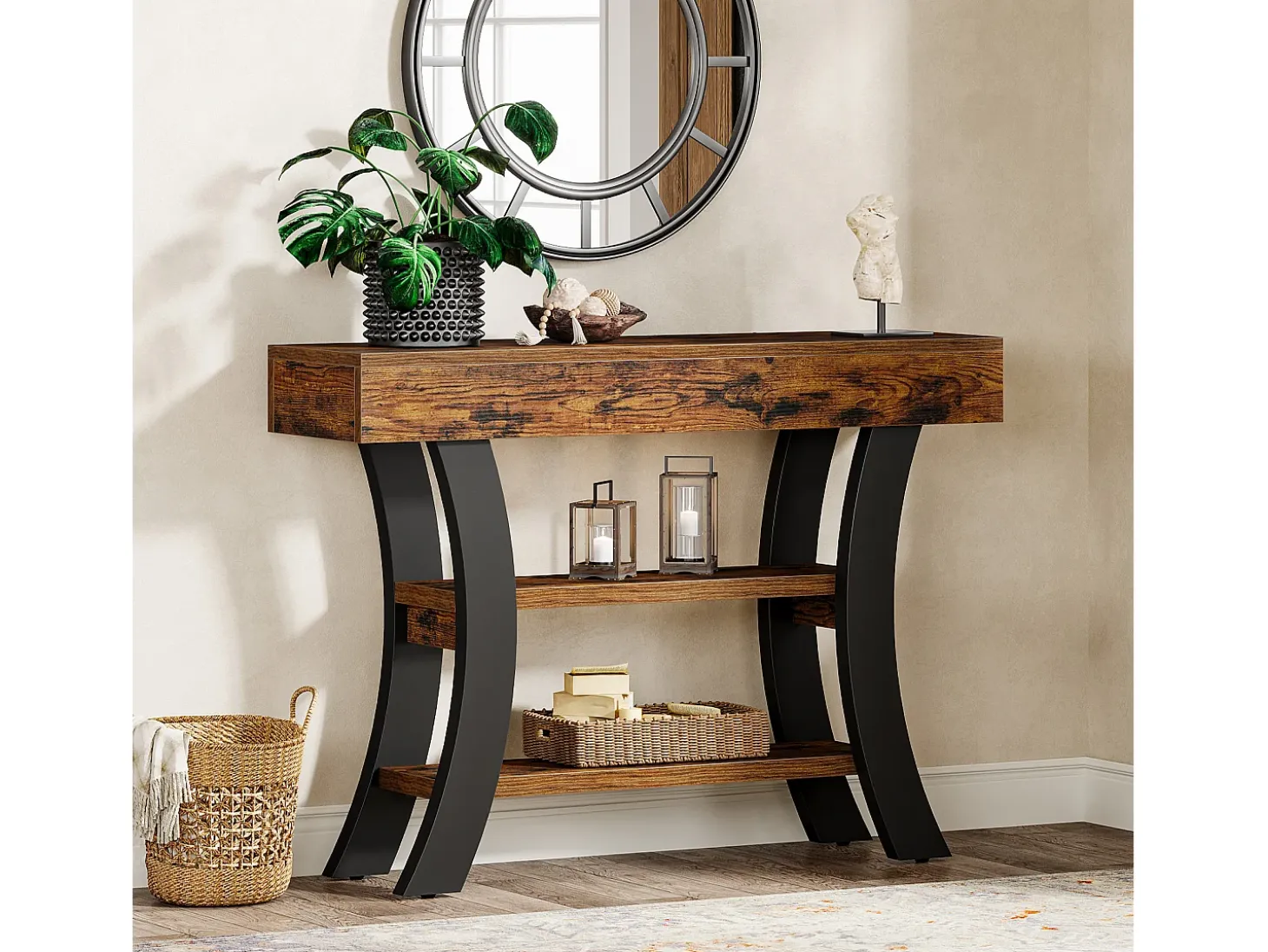 Pequeña mesa de consola de 105 cm para la entrada, mesa de salón rústica de 3 niveles