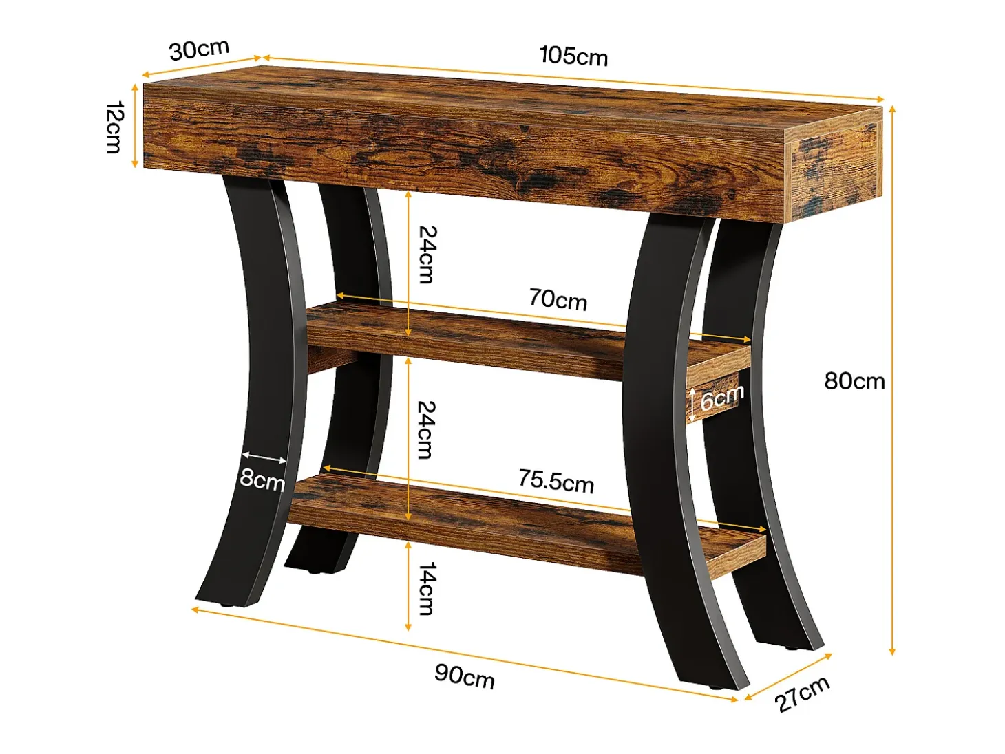 Pequeña mesa de consola de 105 cm para la entrada, mesa de salón rústica de 3 niveles