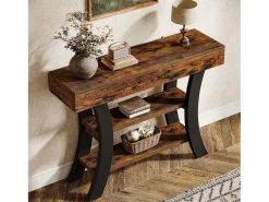 Pequeña mesa de consola de 105 cm para la entrada, mesa de salón rústica de 3 niveles
