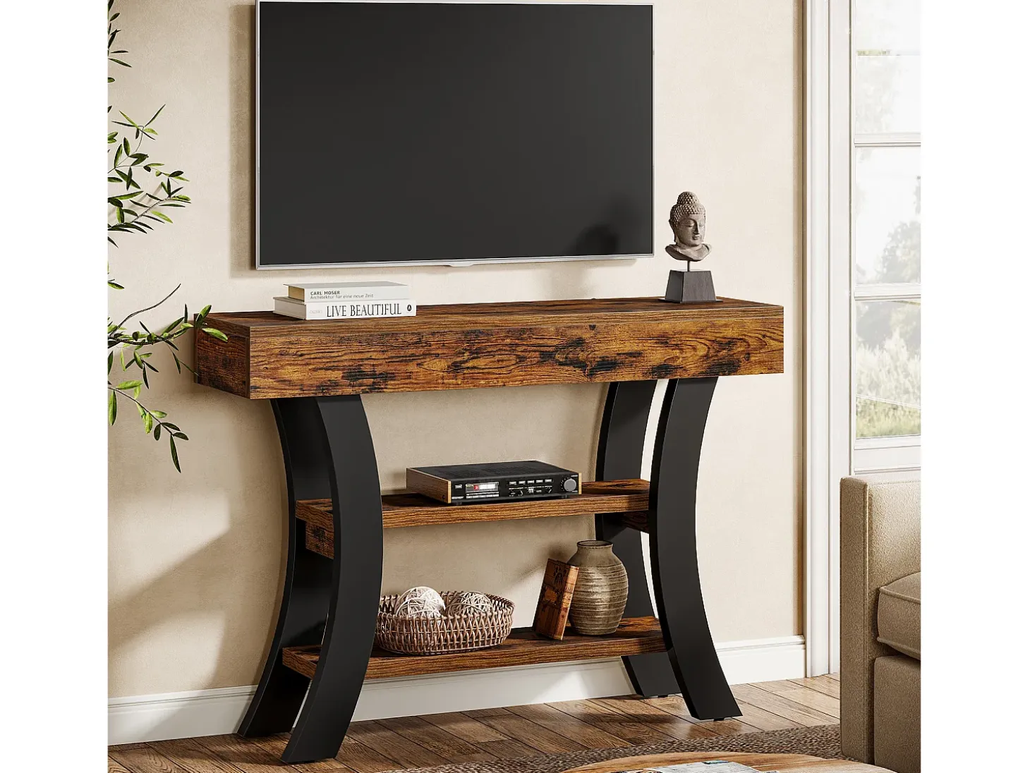 Pequeña mesa de consola de 105 cm para la entrada, mesa de salón rústica de 3 niveles