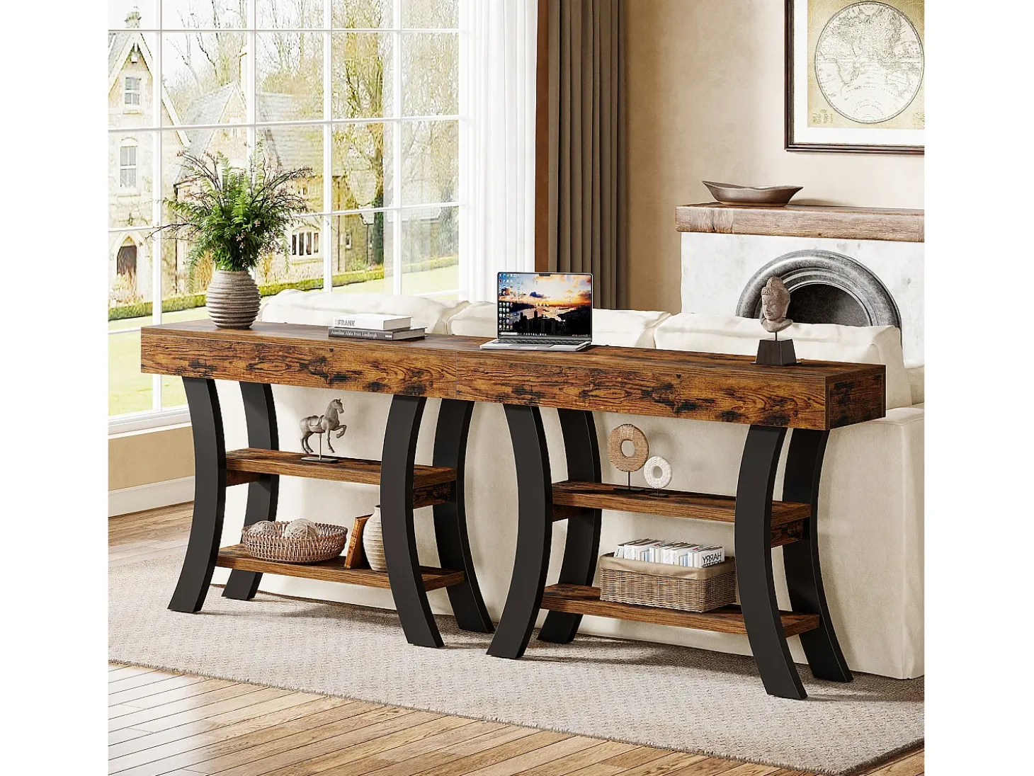 Pequeña mesa de consola de 105 cm para la entrada, mesa de salón rústica de 3 niveles
