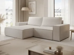 Pequeño Sofá cama rinconera izquierda de pana color beige AMELIA