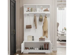 Perchero blanco con 4 ganchos y 2 puertas de almacenamiento – Para recibidores y pasillos