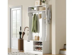 Perchero blanco con 1 puerta, 4 compartimentos abiertos y 6 ganchos