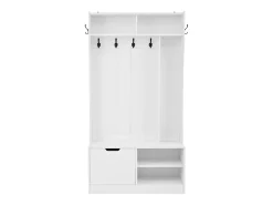 Perchero blanco con 1 puerta, 4 compartimentos abiertos y 6 ganchos