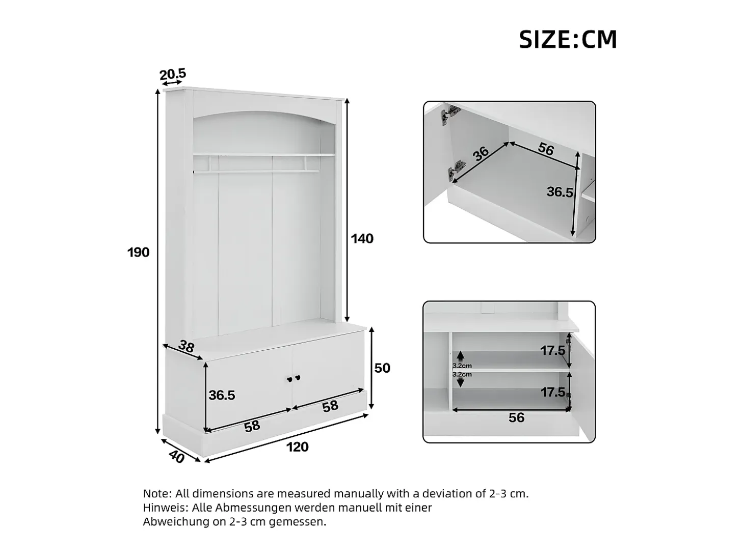 Perchero blanco con almacenamiento y estantes ajustables – Mueble de entrada compacto