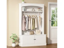 Perchero blanco con almacenamiento y estantes ajustables – Mueble de entrada compacto