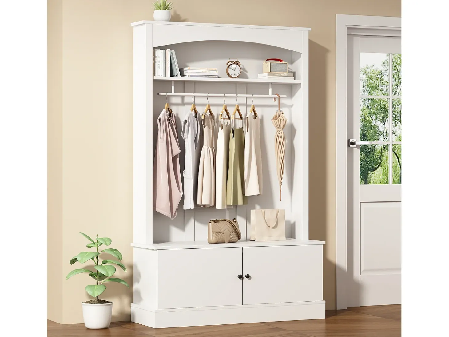Perchero blanco con almacenamiento y estantes ajustables – Mueble de entrada compacto
