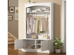Perchero blanco con almacenamiento y estantes ajustables – Mueble de entrada compacto