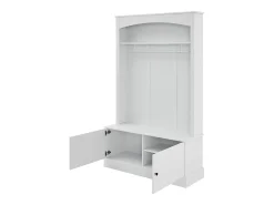 Perchero blanco con almacenamiento y estantes ajustables – Mueble de entrada compacto