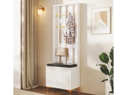 Perchero blanco con banco para zapatos - Puertas onduladas, ganchos dorados y estantes ajustables - Muebles modernos para recibidor