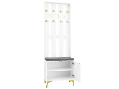 Perchero blanco con banco para zapatos - Puertas onduladas, ganchos dorados y estantes ajustables - Muebles modernos para recibidor