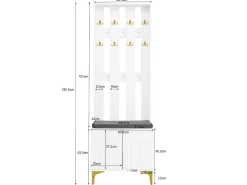Perchero blanco con banco para zapatos - Puertas onduladas, ganchos dorados y estantes ajustables - Muebles modernos para recibidor