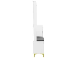 Perchero blanco con banco para zapatos - Puertas onduladas, ganchos dorados y estantes ajustables - Muebles modernos para recibidor