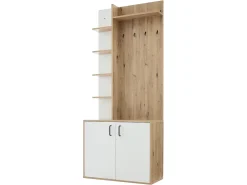 Perchero blanco y natural con ganchos y estantes de almacenamiento, 2 puertas – Para recibidores y pasillos