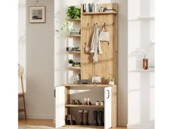 Perchero blanco y natural con ganchos y estantes de almacenamiento, 2 puertas – Para recibidores y pasillos