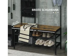 Perchero con banco y 9 ganchos, metal y madera, diseño industrial, color nogal (100x40x185 cm)