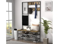 Perchero con banco y 9 ganchos, metal y madera, diseño industrial, color nogal (100x40x185 cm)