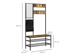 Perchero con banco y 9 ganchos, metal y madera, diseño industrial, color nogal (100x40x185 cm)