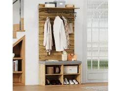 Perchero con banco zapatero, balda regulable y gancho, diseño compacto en tablero de partículas, color roble (84x32x175cm)