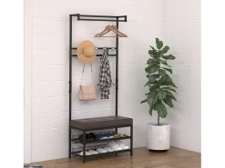 Perchero con banco, zapatero, metal, negro (72,5x35x180 cm)