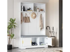 Perchero con banco zapatero, 6 ganchos triples, diseño moderno, aglomerado, blanco (120x40x191 cm)