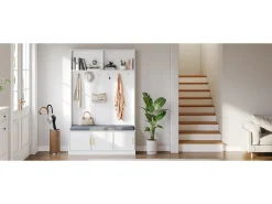 Perchero con banco zapatero, 6 ganchos triples, diseño moderno, aglomerado, blanco (120x40x191 cm)