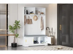 Perchero con banco zapatero, 6 ganchos triples, diseño moderno, aglomerado, blanco (120x40x191 cm)