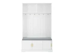 Perchero con banco zapatero, 6 ganchos triples, diseño moderno, aglomerado, blanco (120x40x191 cm)
