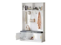 Perchero con banco zapatero, 6 ganchos triples, diseño moderno, aglomerado, blanco (120x40x191 cm)