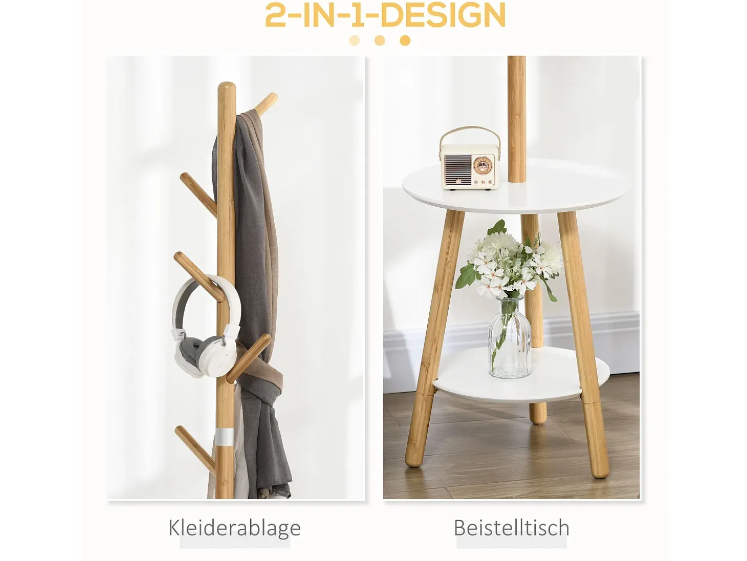Perchero con mesa auxiliar, madera, blanco y natural (39,5x39,5x171 cm)