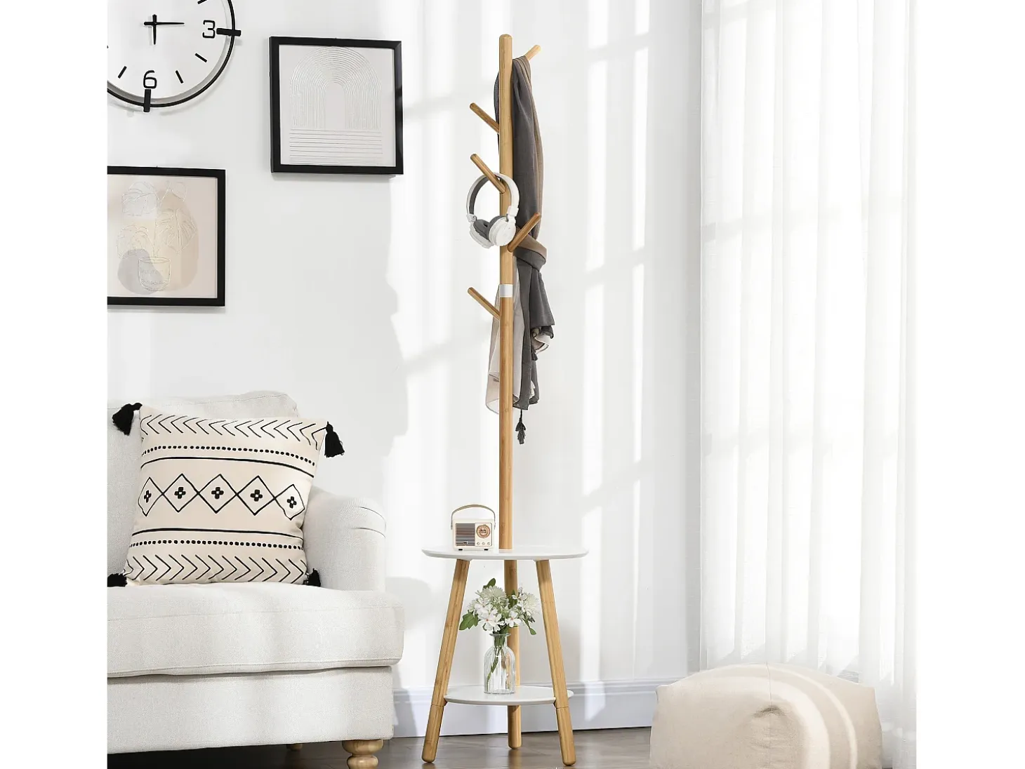 Perchero con mesa auxiliar, madera, blanco y natural (39,5x39,5x171 cm)