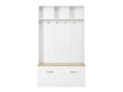 Perchero de entrada blanco con banco, 4 ganchos y 2 puertas 105×40×180 cm