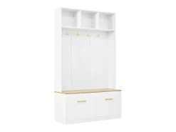 Perchero de entrada blanco con banco, 4 ganchos y 2 puertas 105×40×180 cm