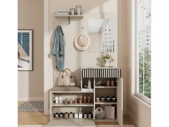 Perchero de entrada con banco para zapatos y espejo, espacio de almacenamiento - Beige Gris