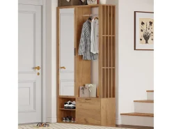 Perchero de madera con barra para colgar, espejo y estante de almacenamiento – Para recibidor y salón