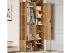 Perchero de madera con barra para colgar, espejo y estante de almacenamiento – Para recibidor y salón